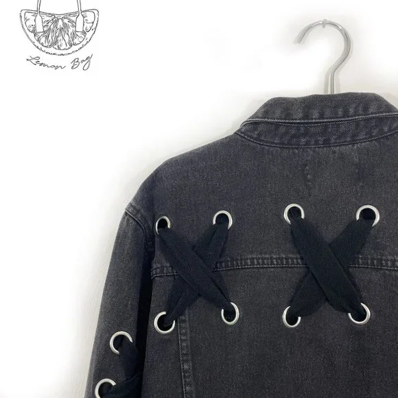 Love Tree / Jean Jacket Decor on the Back/ Black Grey / Size S - Picture 8 of 8